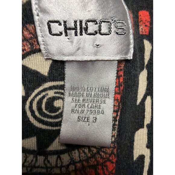 Chicos Abstract Print Top Size L Black/Red/White V-Neck Short Sleeve Lightweight - Picture 3 of 5